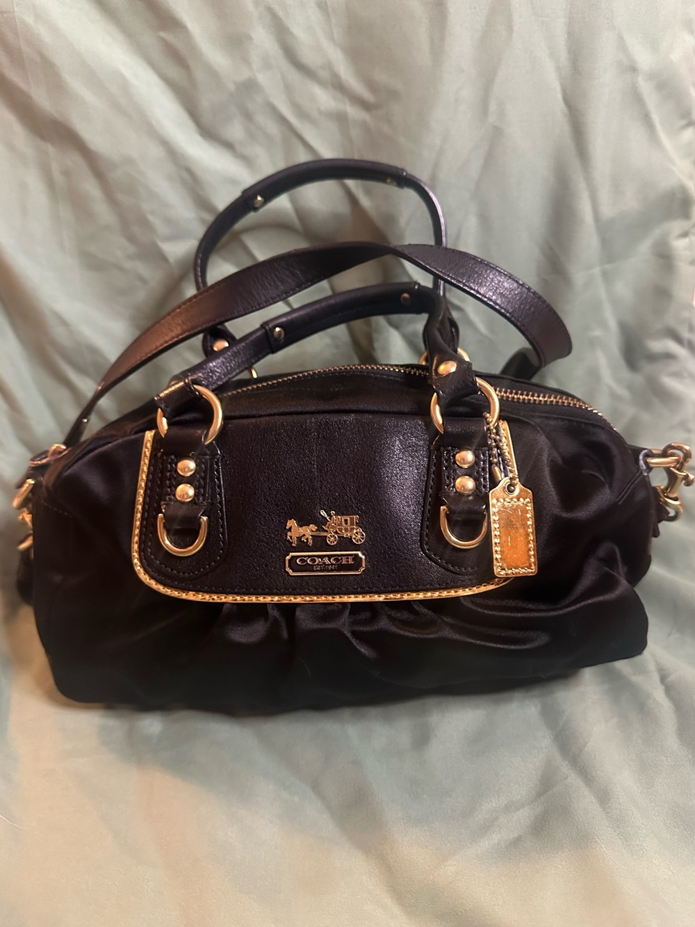Coach Ashley Black Pleated Satin Carryall Satchel Gold Hardware